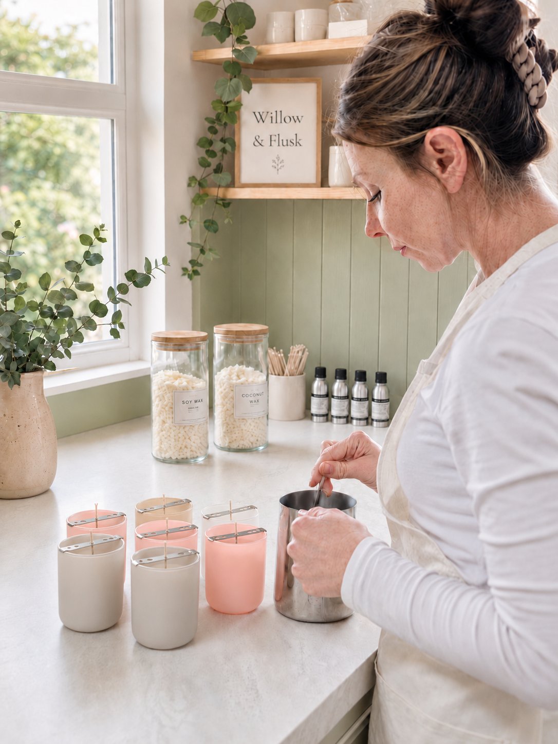 Maker in her studio stirring melted wax, with soy and coconut wax jars, eucalyptus and pastel candle vessels on the counter