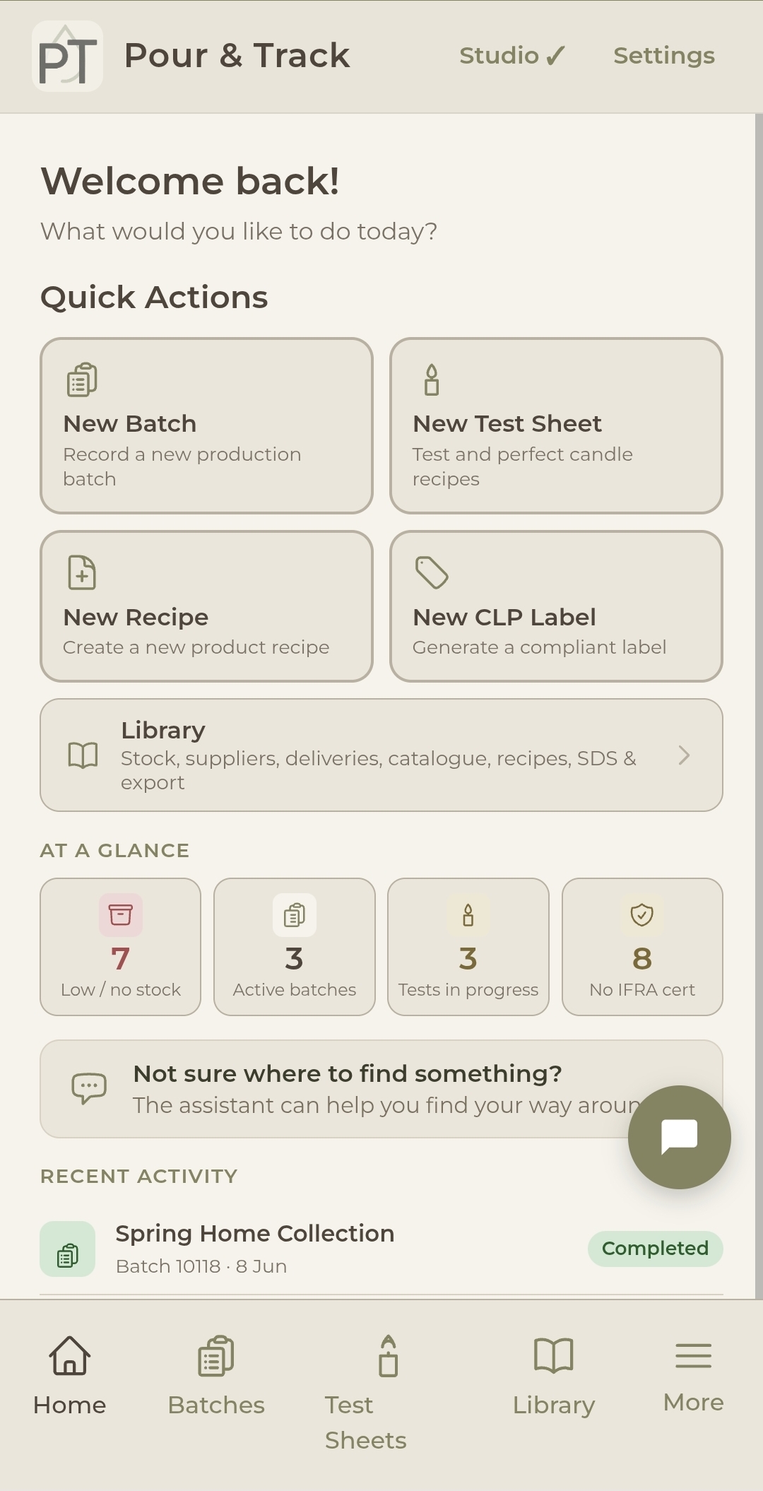 Pour & Track app home screen